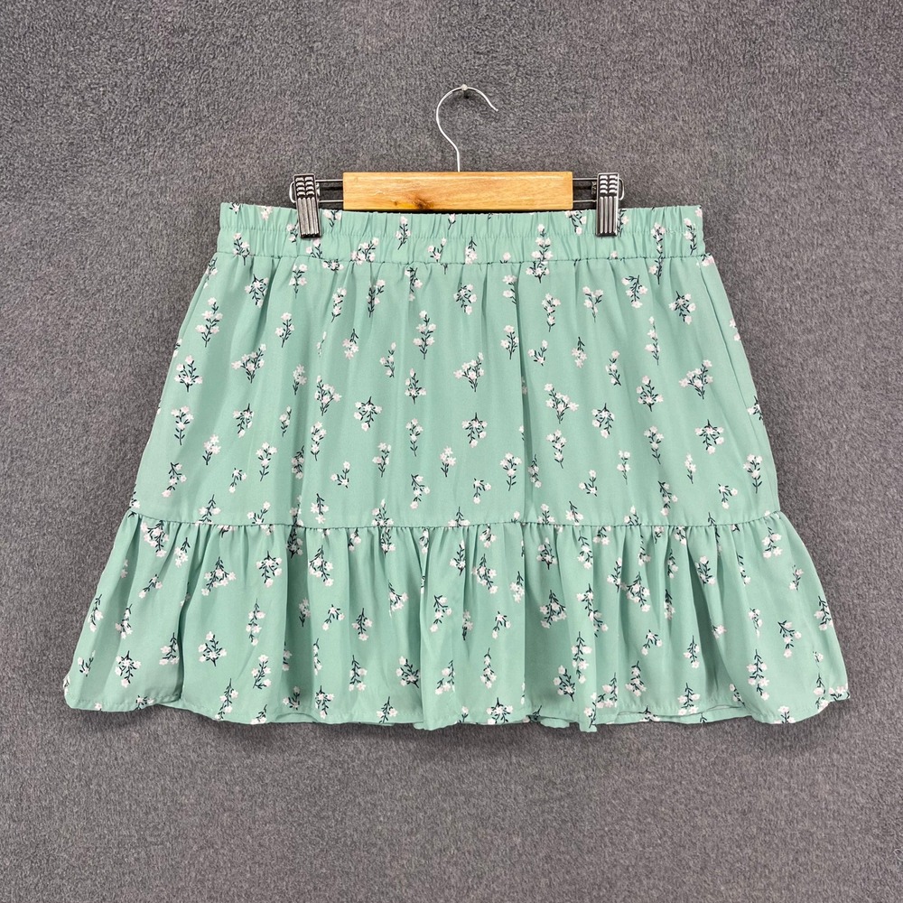 Mi Ami Floral Mini Skirt Women Large Sage Green Ruffle Tiered Elastic Waist Boho